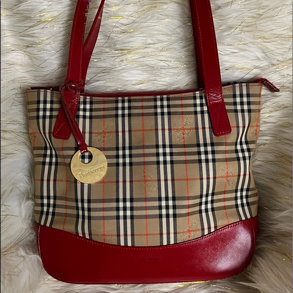 AUTHENTIC BURBERRY House Check Hand Tote Bag Purse Beige Red Canvas Leather